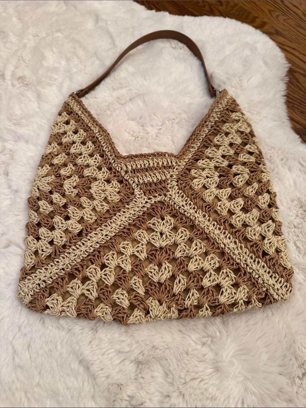 Handcrafted Crochet Hobo Bag in Beige and Brown